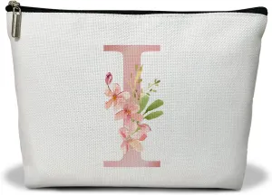Personalized Initial A-Z Floral Makeup Bag, Gift for Women Sister Mom Friend Daughter, Monogram Travel Organizer Cosmetic Bags with Zipper, Wedding Gift For Bride Bridesmaid Letter Toiletry Bag -I