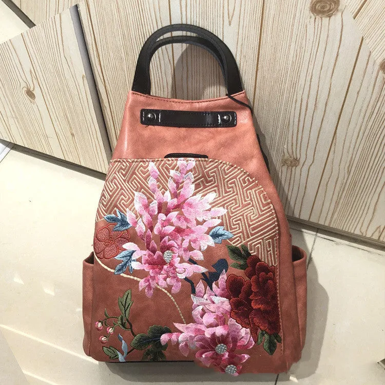 Retro Lock Bucket Bag Flower Cluster Embroidery Patchwork Shoulder Bag