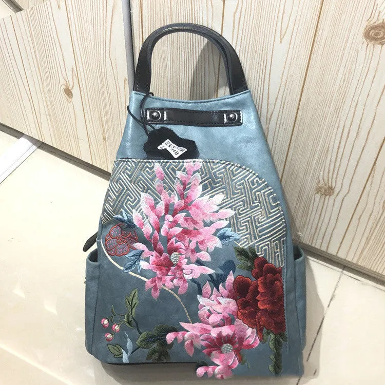 Retro Lock Bucket Bag Flower Cluster Embroidery Patchwork Shoulder Bag