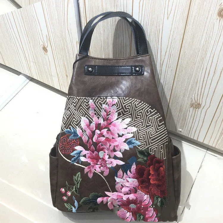 Retro Lock Bucket Bag Flower Cluster Embroidery Patchwork Shoulder Bag