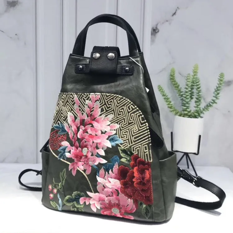 Retro Lock Bucket Bag Flower Cluster Embroidery Patchwork Shoulder Bag