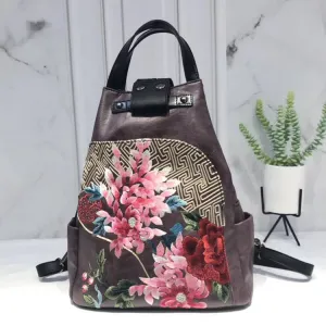 Retro Lock Bucket Bag Flower Cluster Embroidery Patchwork Shoulder Bag