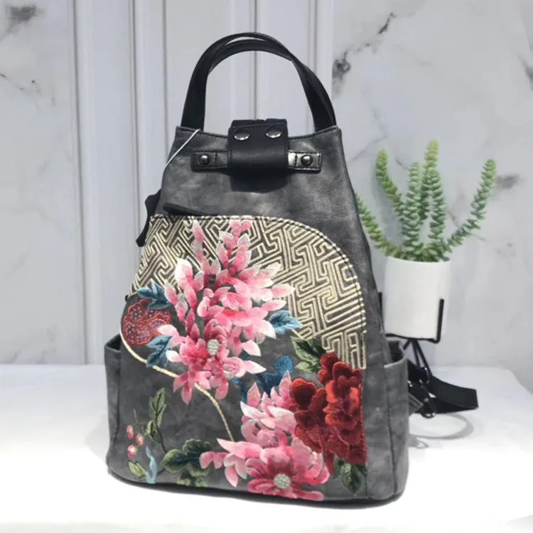 Retro Lock Bucket Bag Flower Cluster Embroidery Patchwork Shoulder Bag