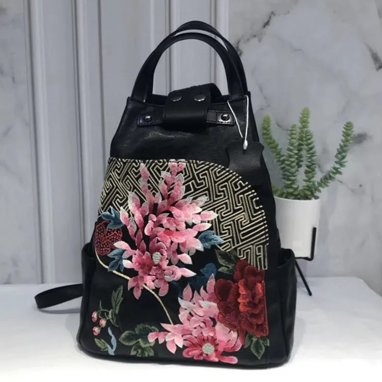 Retro Lock Bucket Bag Flower Cluster Embroidery Patchwork Shoulder Bag