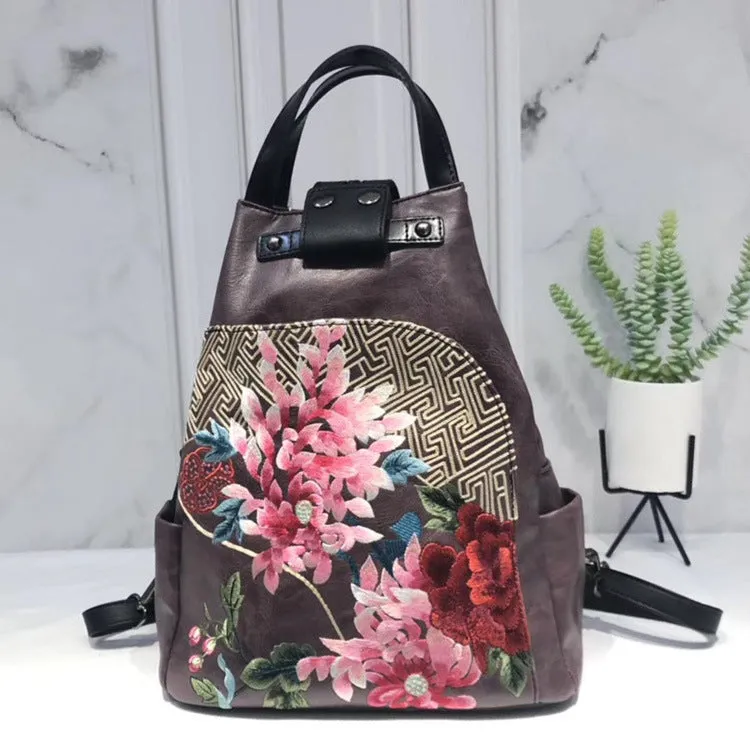 Retro Lock Bucket Bag Flower Cluster Embroidery Patchwork Shoulder Bag