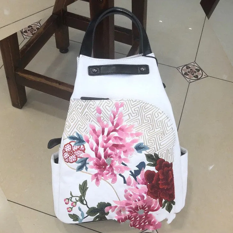 Retro Lock Bucket Bag Flower Cluster Embroidery Patchwork Shoulder Bag