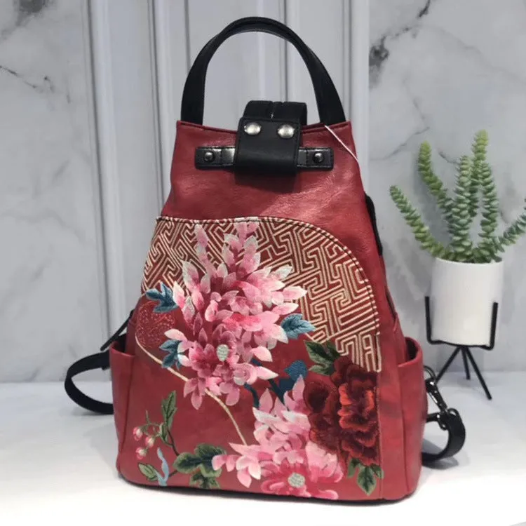 Retro Lock Bucket Bag Flower Cluster Embroidery Patchwork Shoulder Bag