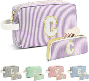Travel Makeup Bag Gift for Women Girl Teens Preppy Stuff Cosmetic Bag Set, Cute Make Up Bag With Handle Personalized Initial Makeup Pouch Skin Care with Makeup Brush Bag Letter C(Purple&White Stripes)