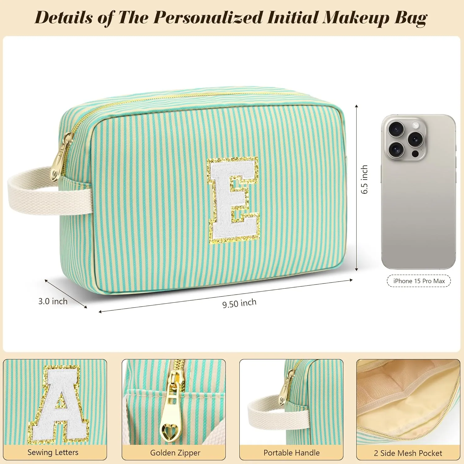 Travel Makeup Bag Gift for Women Girl Teens Preppy Stuff Cosmetic Bag Set, Cute Make Up Bag With Handle Personalized Initial Makeup Pouch Skin Care with Makeup Brush Bag Letter C(Purple&White Stripes)