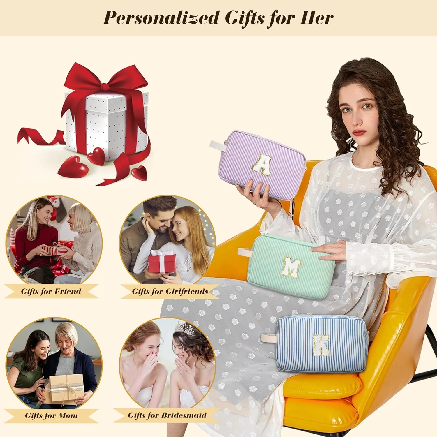 Travel Makeup Bag Gift for Women Girl Teens Preppy Stuff Cosmetic Bag Set, Cute Make Up Bag With Handle Personalized Initial Makeup Pouch Skin Care with Makeup Brush Bag Letter C(Purple&White Stripes)