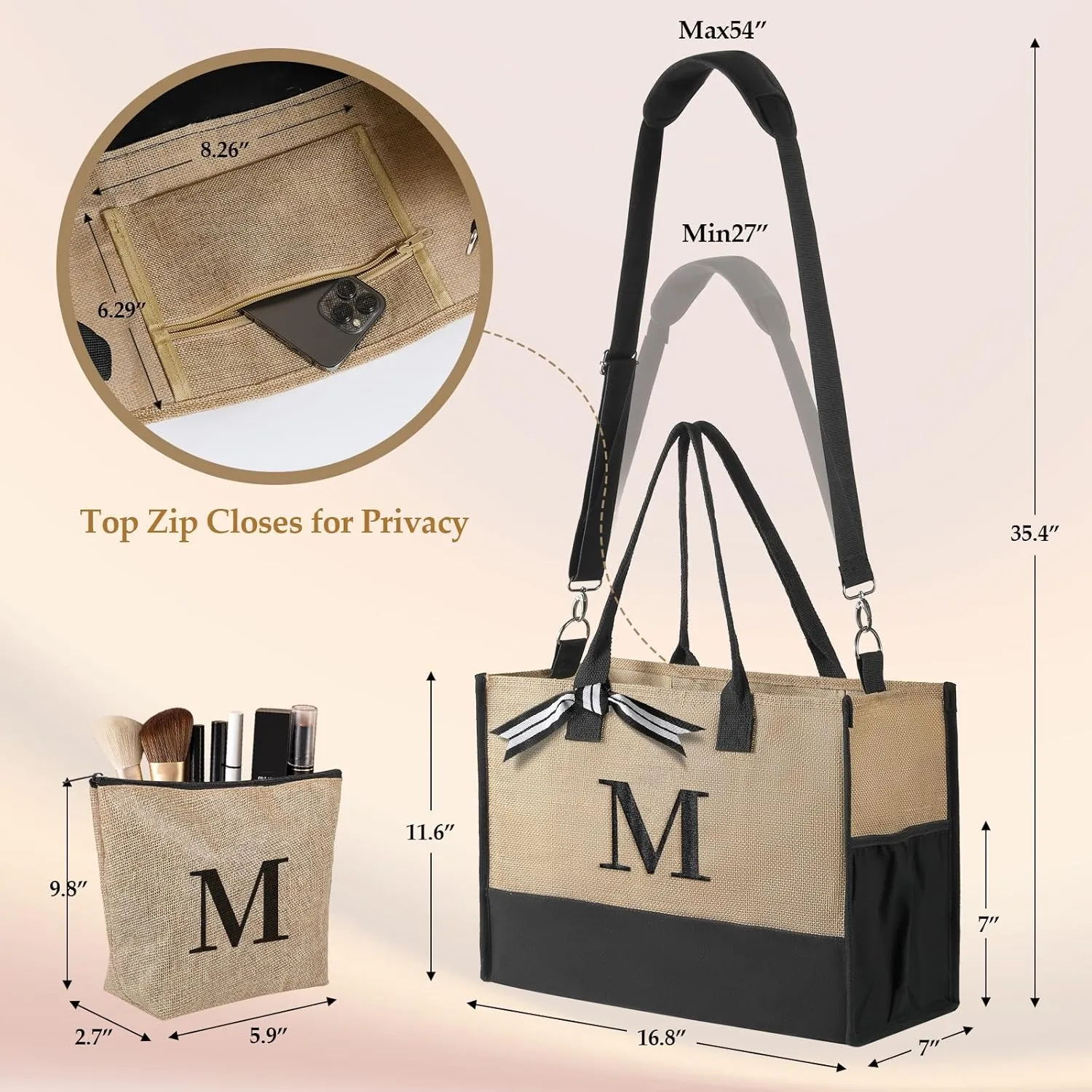TRSODD Birthday Gifts for Women Mothers Day Gifts for Mom Wife Grandma Daughter Sister Bridesmaid Initial Jute Tote Bag and Makeup Bag E