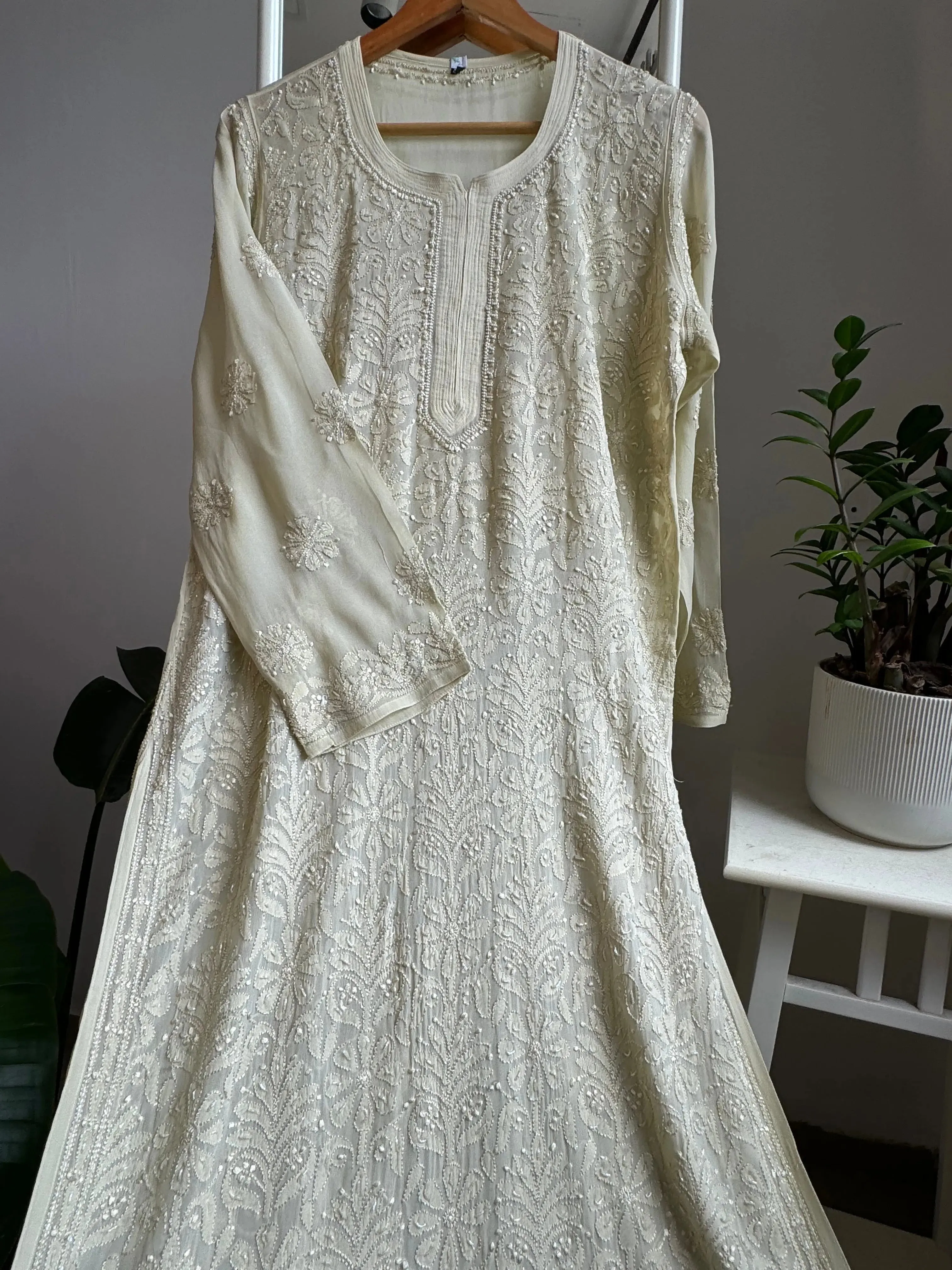 Viscose Kurti with Pearl  Work - Dull Beige