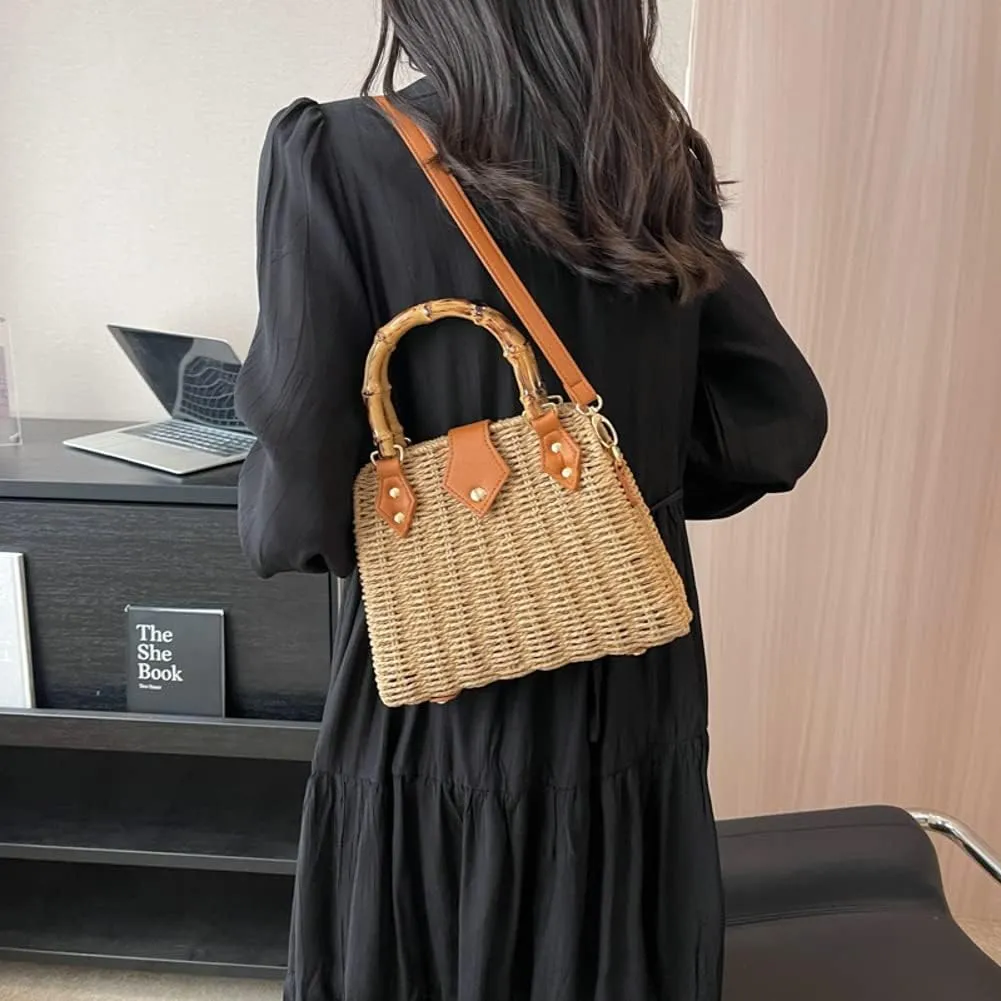 Women Straw Crossbody Bag Handwoven Basket Handbags Summer Beach Weave Shoulder Bag Bamboo Handle Handmade Hobo Purse